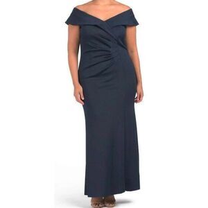 XSCAPE Plus Size 18W Navy Blue Scuba Knit Off-Shoulder Gown NWT $169